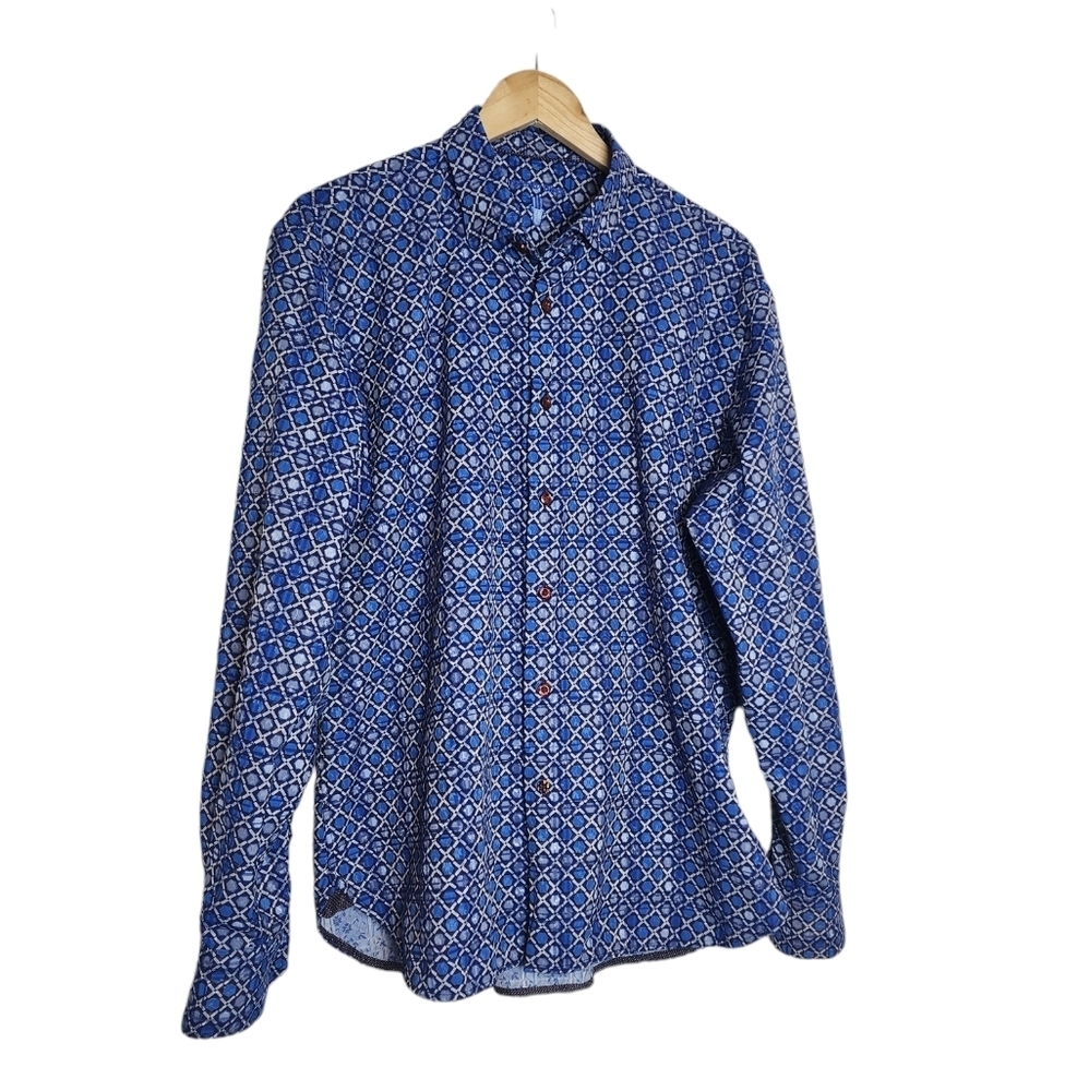 Luchiano Visconit Blue Geometric Collar Long Sleeve Button Down Shirt Size XL